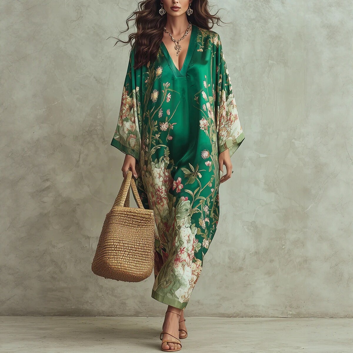V-Neck Waist-Cinching Ruffle Midi Dress