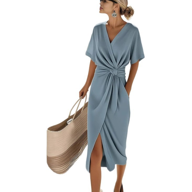 Women's Satin Wrap Dress with Slit V-Neck Short Sleeve Midi