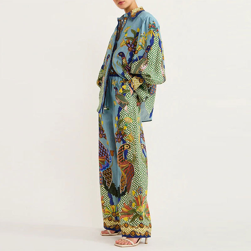 Elegant Printed Lapel Shirt and Straight-Leg Pants Two-Piece Set