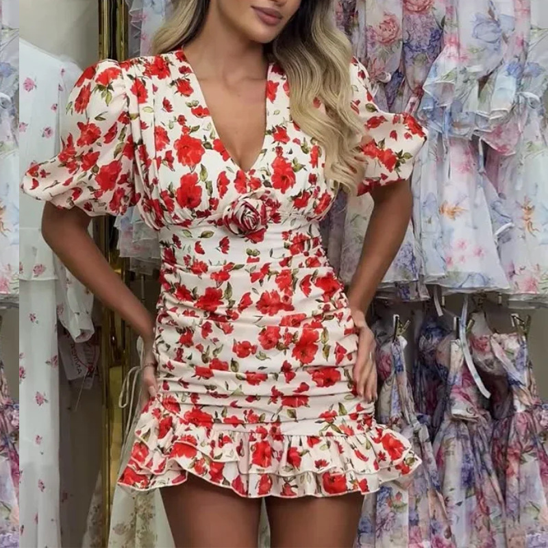 Women's Floral Print Lantern Sleeve Pleated A-Line Short Dress
