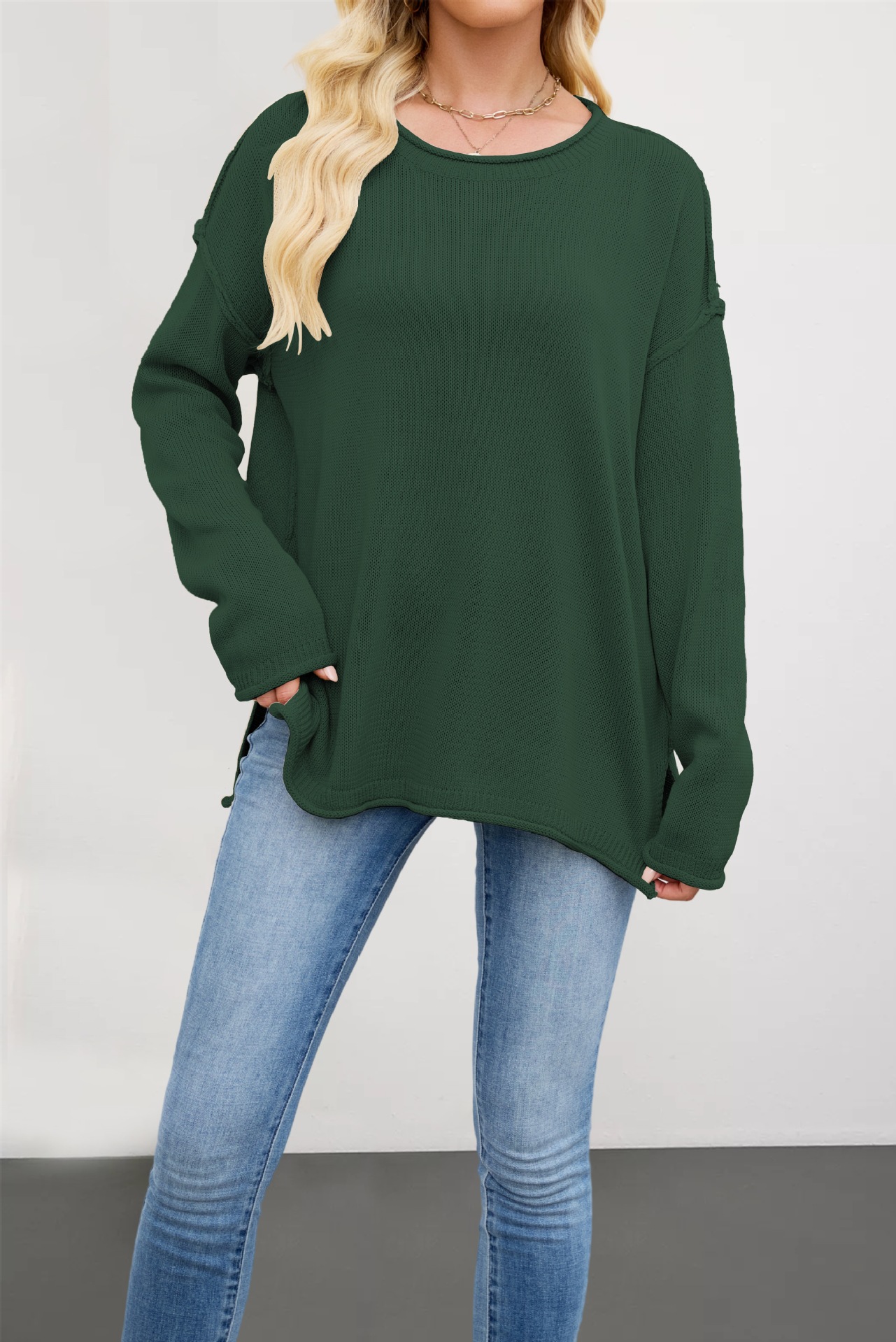 Women's Solid Crewneck Knit Pullover Sweater Loose Fit