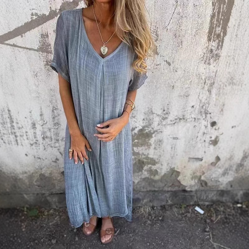 Cotton-Linen V-Neck Semi-Formal Dress