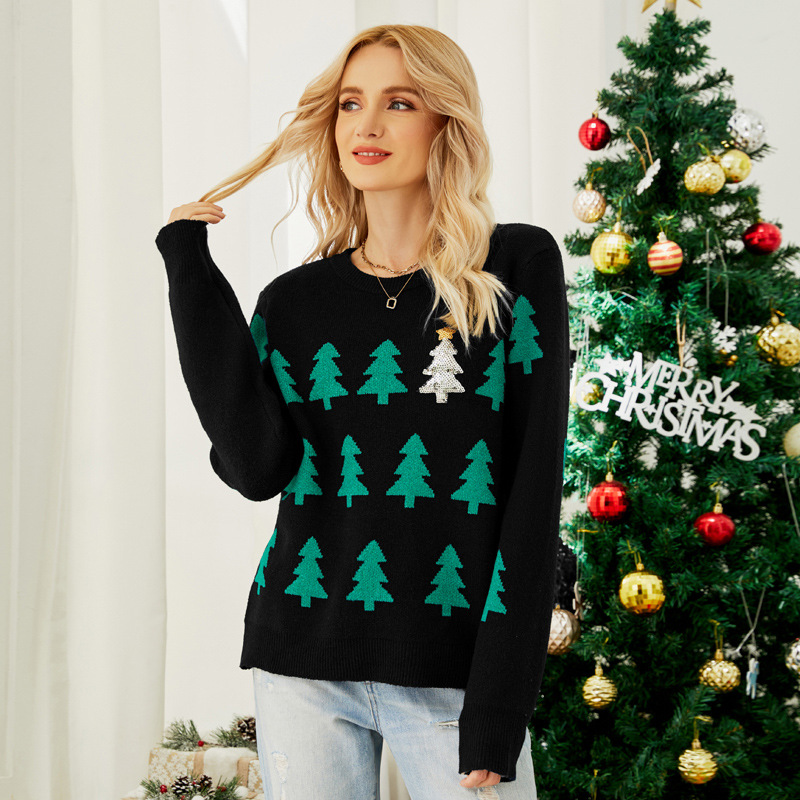 Christmas Tree Jacquard Knit Sweater Long Sleeve Red Pullover