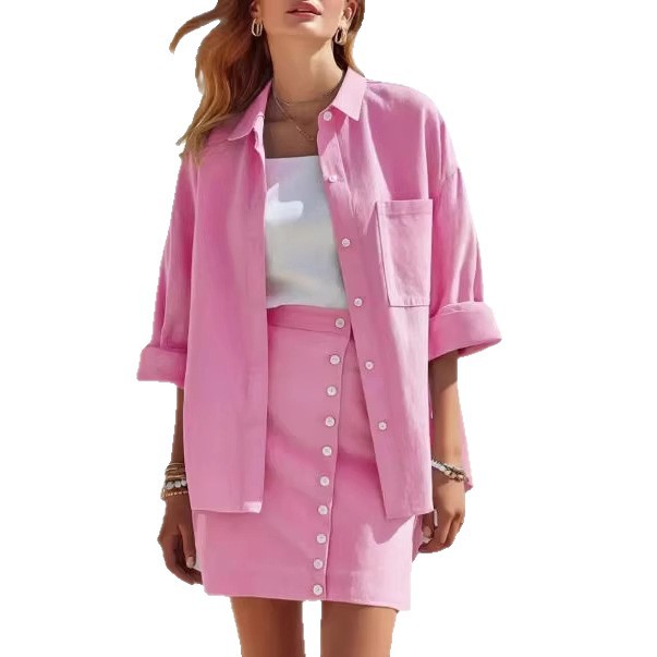 Women's Collared Long Sleeve Shirt and Button Skirt Linen-Blend Two-Piece Set