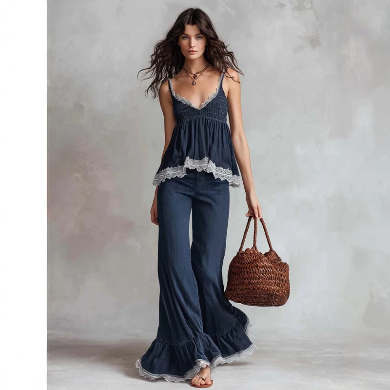 Retro Dark Blue Tencel Lace V-Neck Top and Pants Set