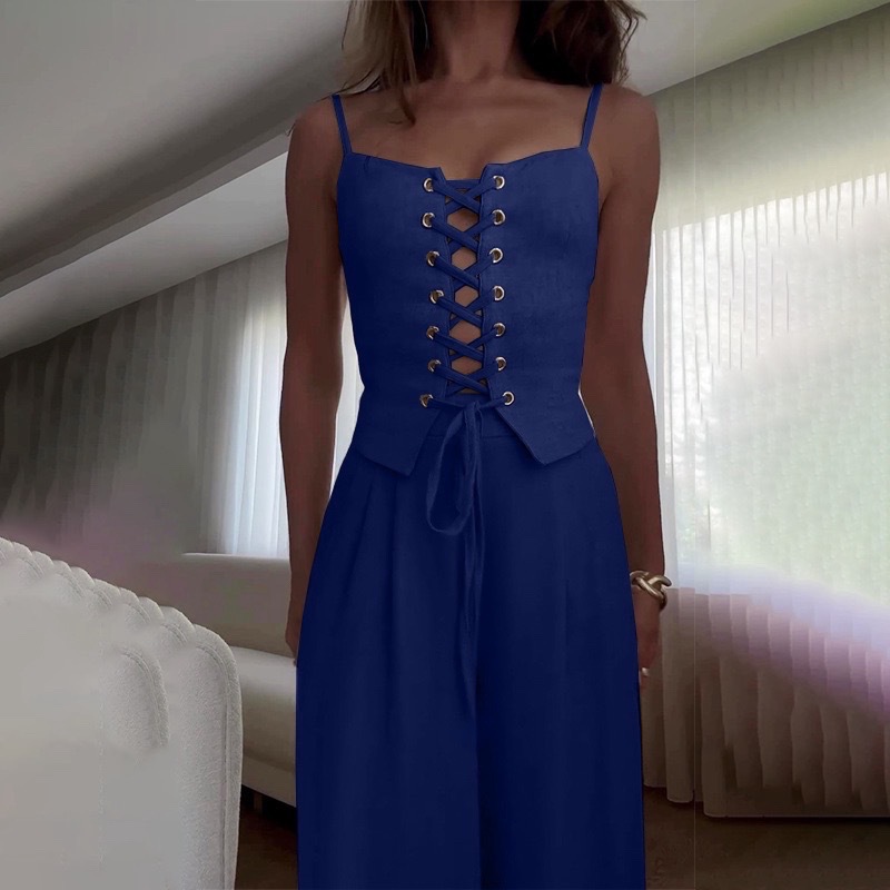Sleeveless Cutout Lace-Up Top and Wide-Leg Pants Set
