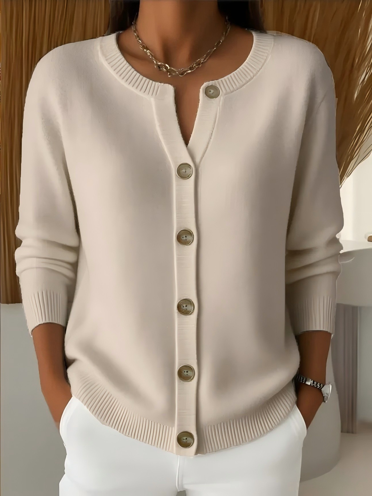 Women's Button-Up Knit Cardigan Crewneck Loose Fit Solid Color