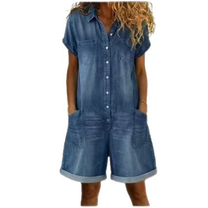 Short Sleeve Multi-Pocket Washed Denim Jumpsuit Shorts