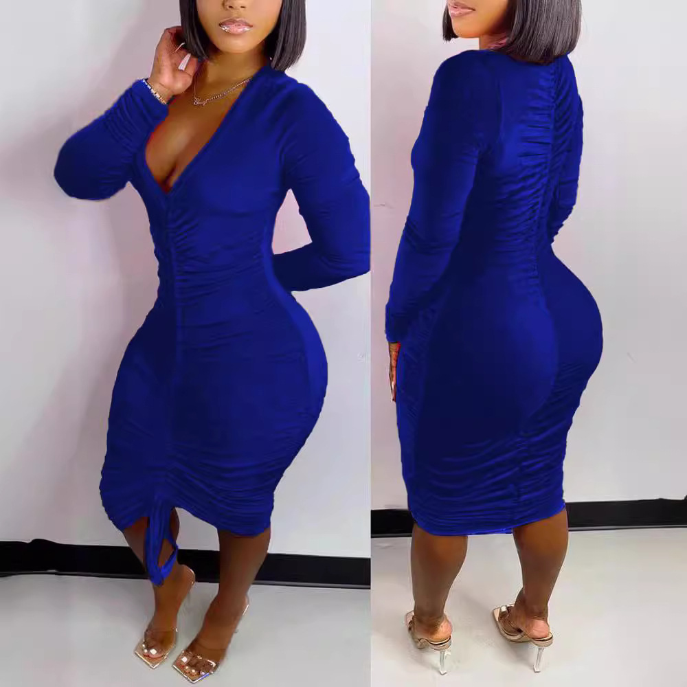 Women's Velvet Long Sleeve Ruched Bodycon Dress with Drawstring Round Neck