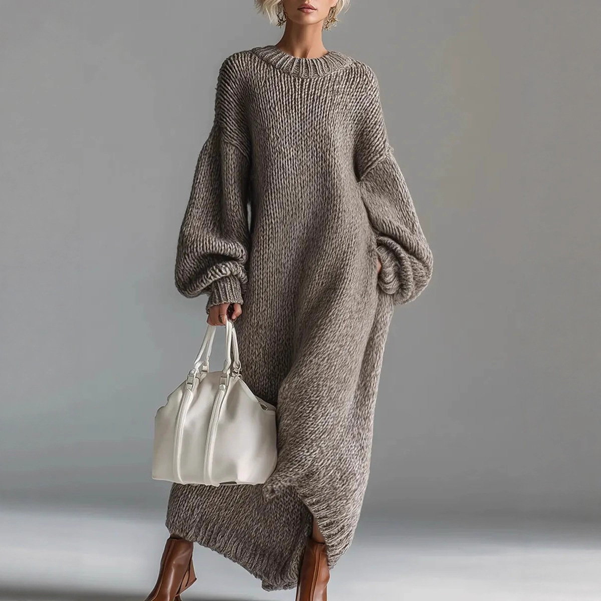Women's Crewneck Lantern Sleeve Long Knit Sweater Dress