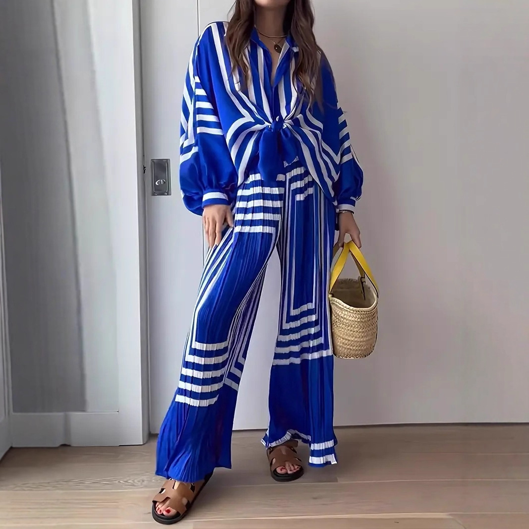Striped Print Pleated Two-Piece Set Long Sleeve Shirt Wide Leg Pants