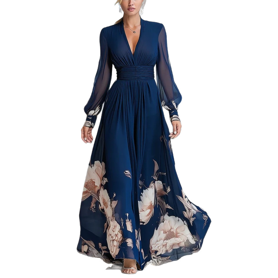 Deep V-Neck Floral Print Long Sleeve A-Line Maxi Dress