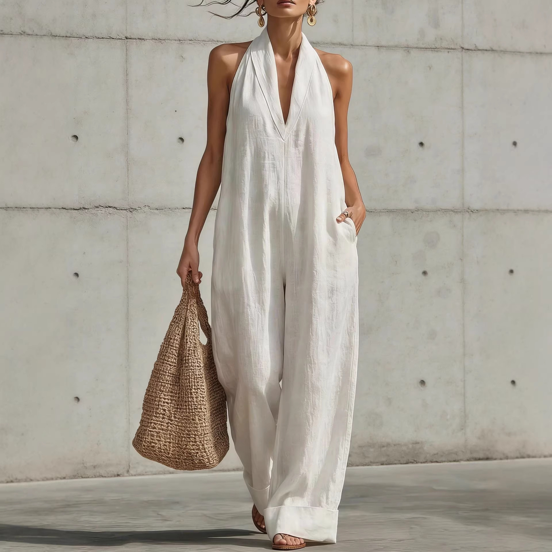 Women's Solid Cotton-Linen Sleeveless Casual Jumpsuit
