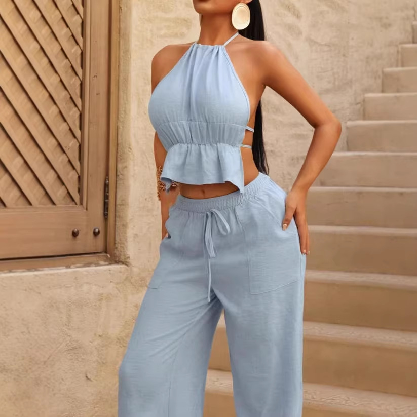 Women's Halter Cami Top and Wide-Leg Pants Two-Piece Set