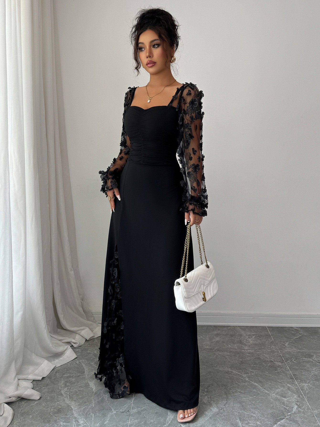 French Vintage Sheer Long Sleeve Evening Dress