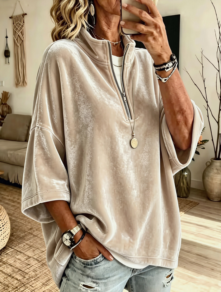 Women's Loose Half-Zip Suede-Feel 3/4 Sleeve Sweatshirt Solid Color Casual Top