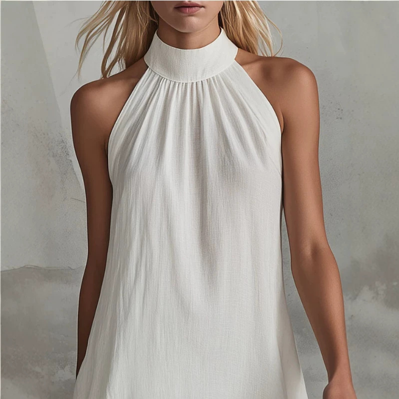 Vintage White Sleeveless Ruffle Midi Dress