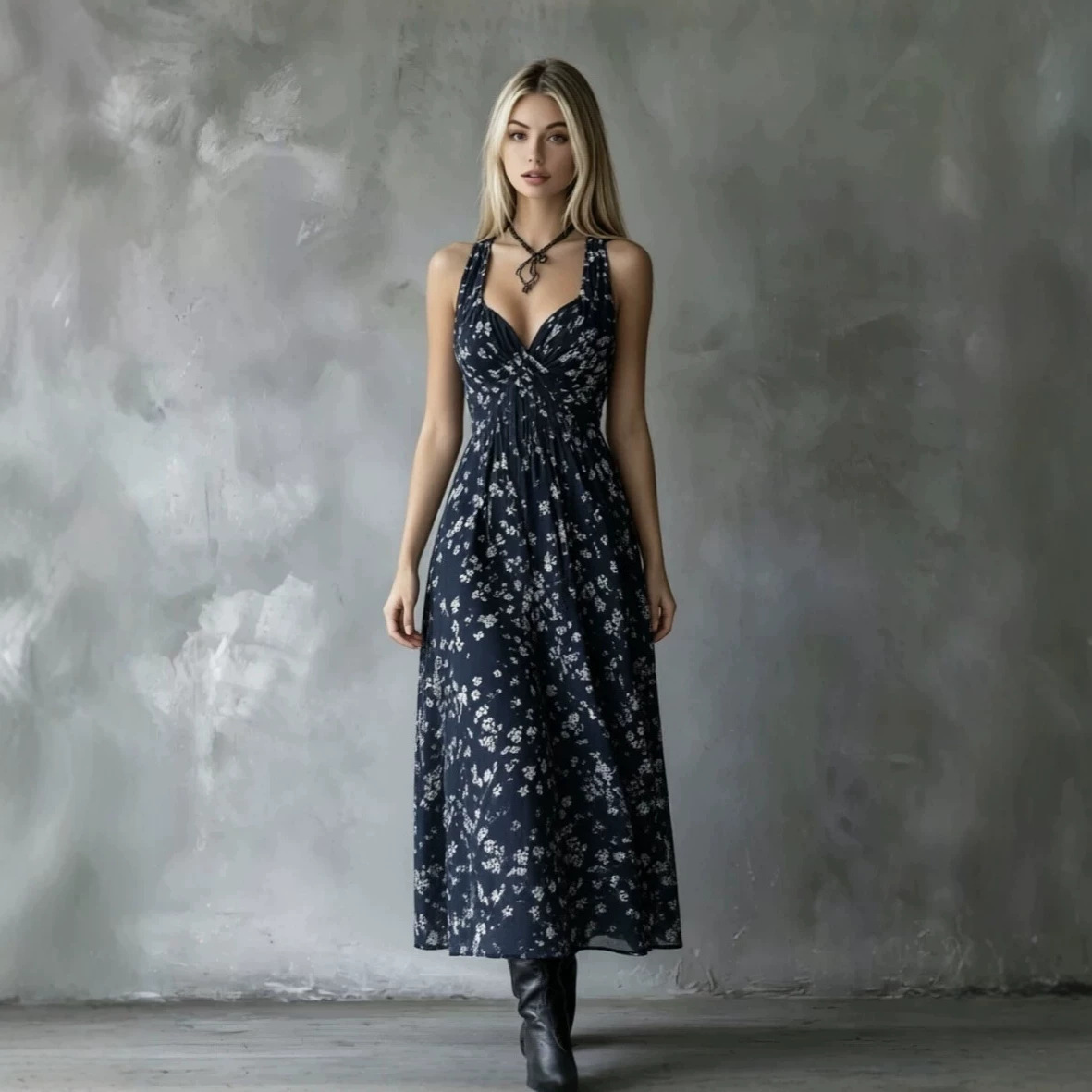 Women's Halter Floral Midi Dress V-Neck Waist-Cinching A-Line Vacation