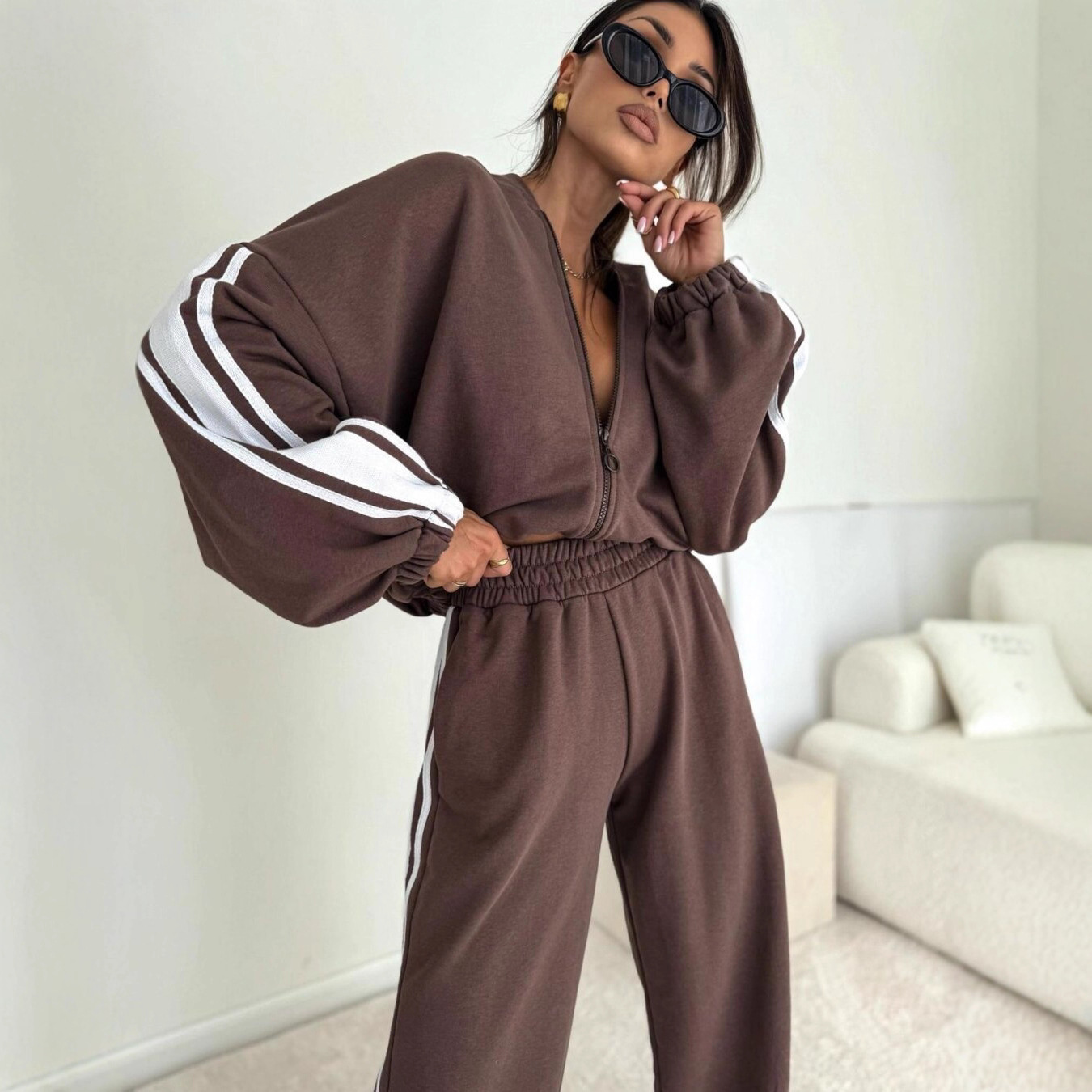 Women's Striped Hooded Cardigan Sweatshirt and Pants Two-Piece Set Long Sleeve
