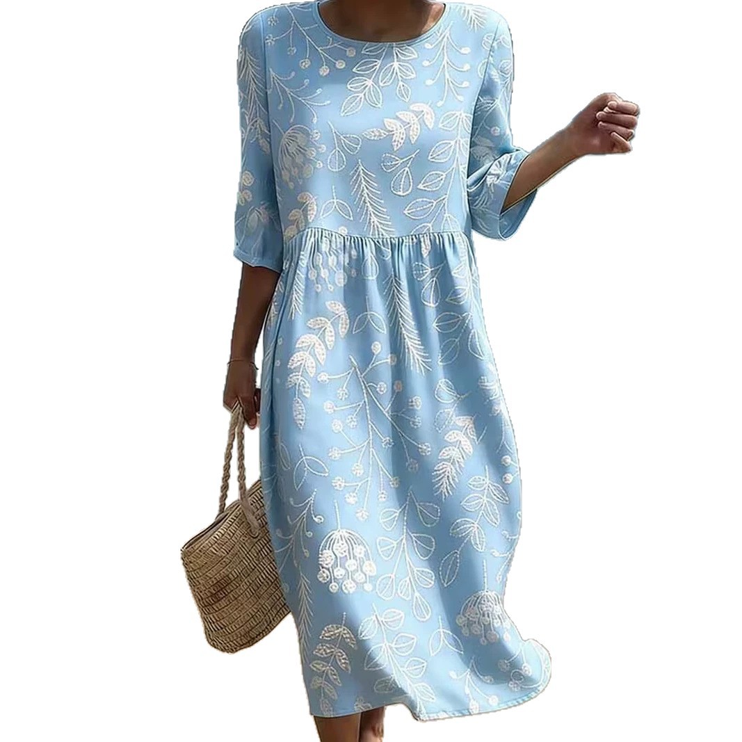 Women's Vintage Floral Print Pleated Midi Dress
