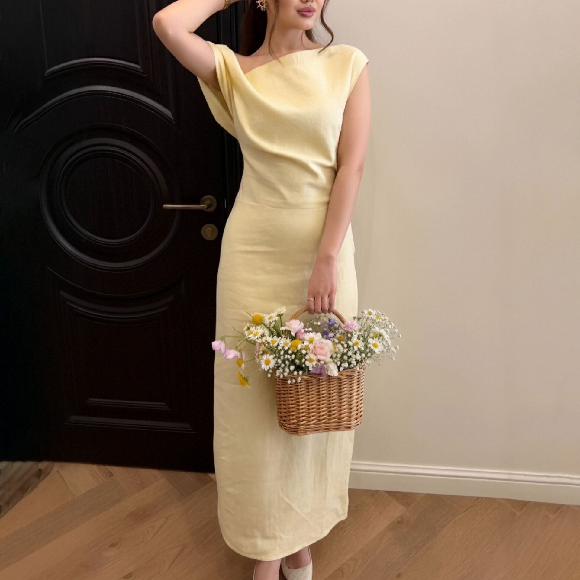 Slim-Fit Elegant Solid French Long Dress