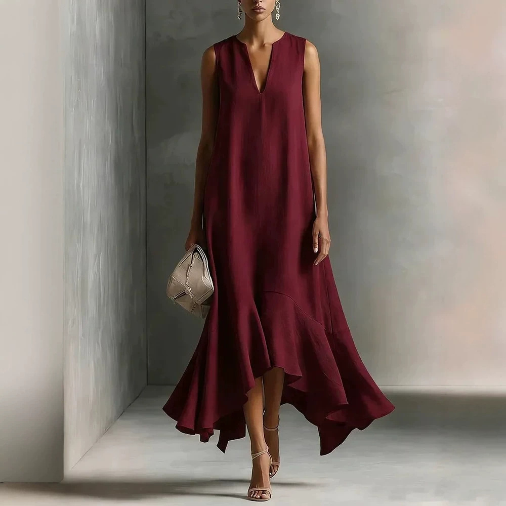 V-Neck Sleeveless Solid Color Asymmetrical Hem Long Dress