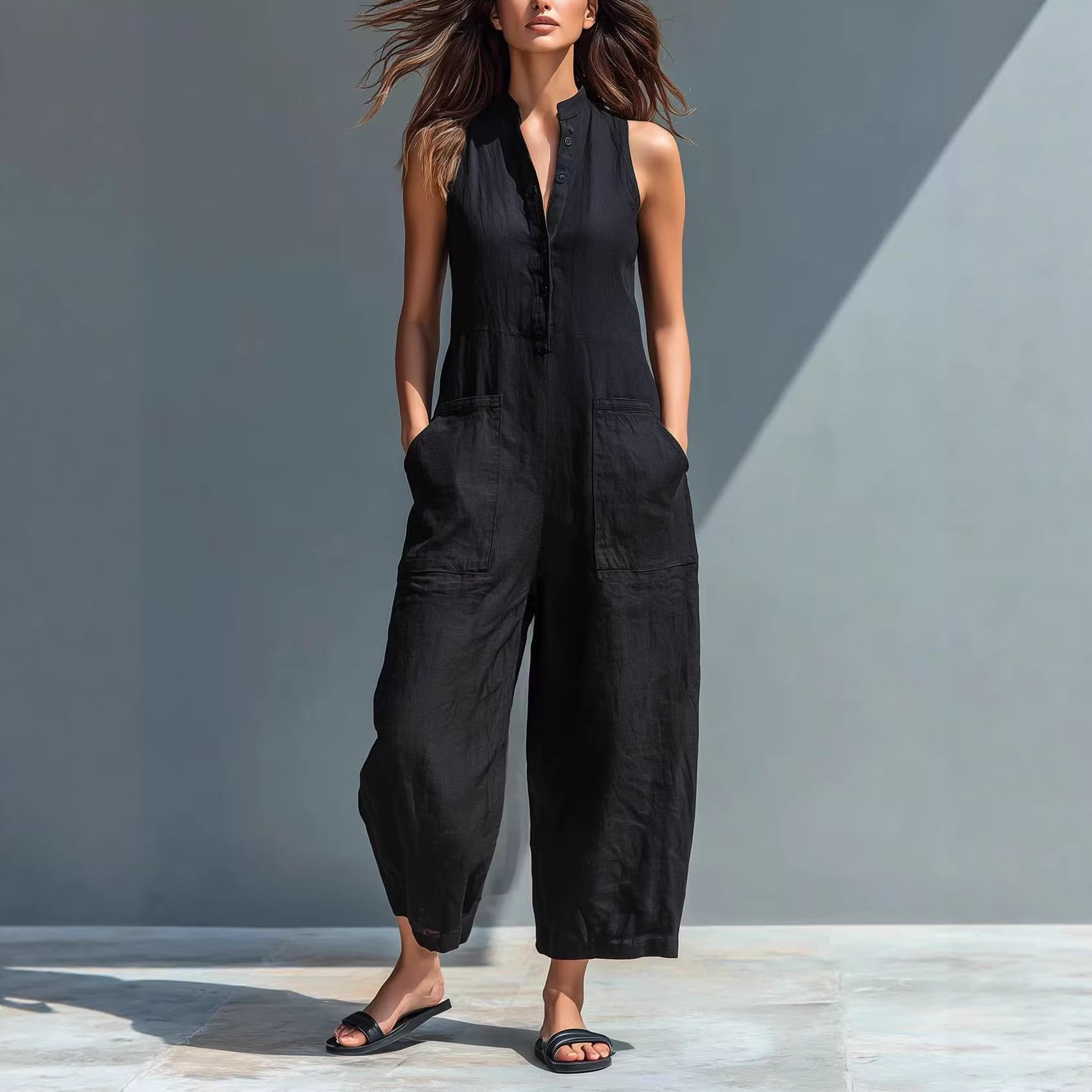 Women's Sleeveless Stand Collar Pocket Jumpsuit