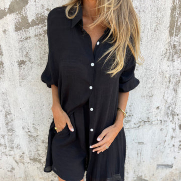 Women's Printed Long-Sleeve Collared Shirt and Shorts Set