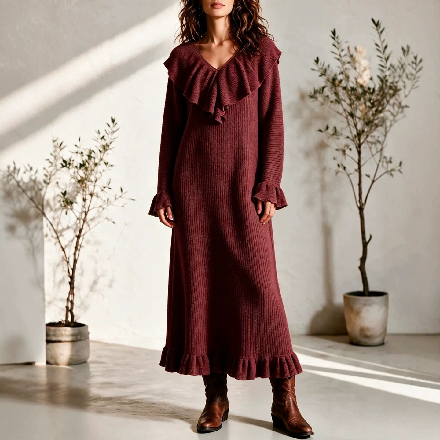 Women's French Style Ruffle Long Sleeve Knit Dress