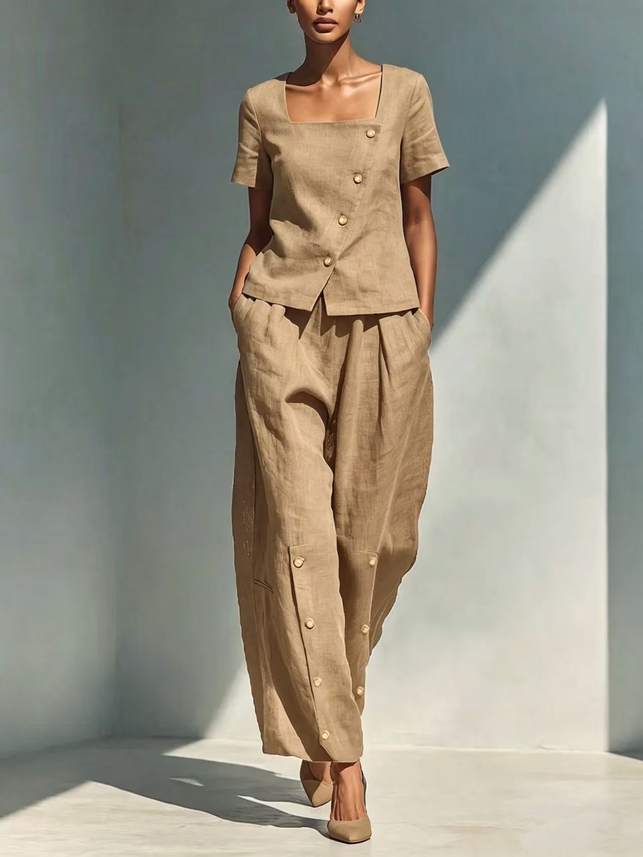 Women's Cotton-Linen Short Sleeve Top and High-Waist Pants Set