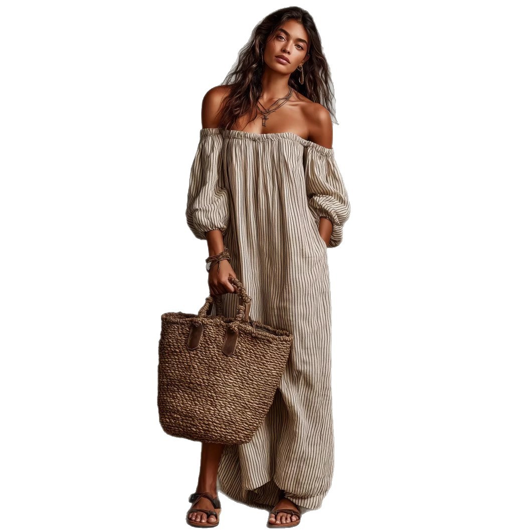 Striped Off-Shoulder Cotton-Linen Midi Dress