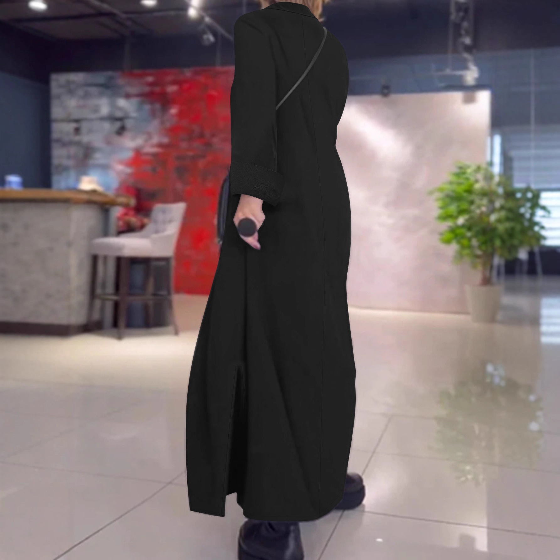 Elegant Solid Color Long Sleeve Polo Neck Maxi Dress