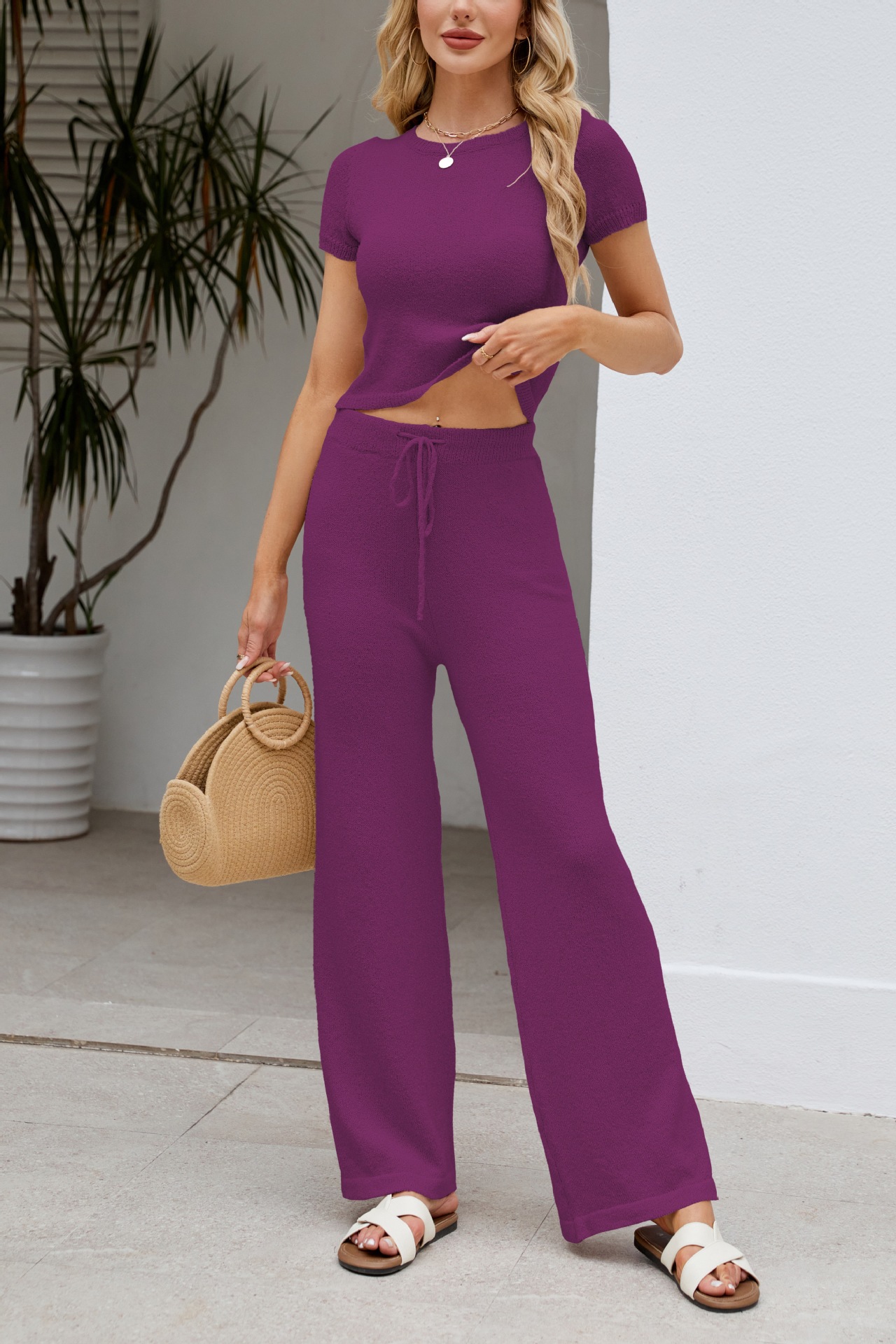 Women's Solid Knit Short Sleeve Top and Pants Set