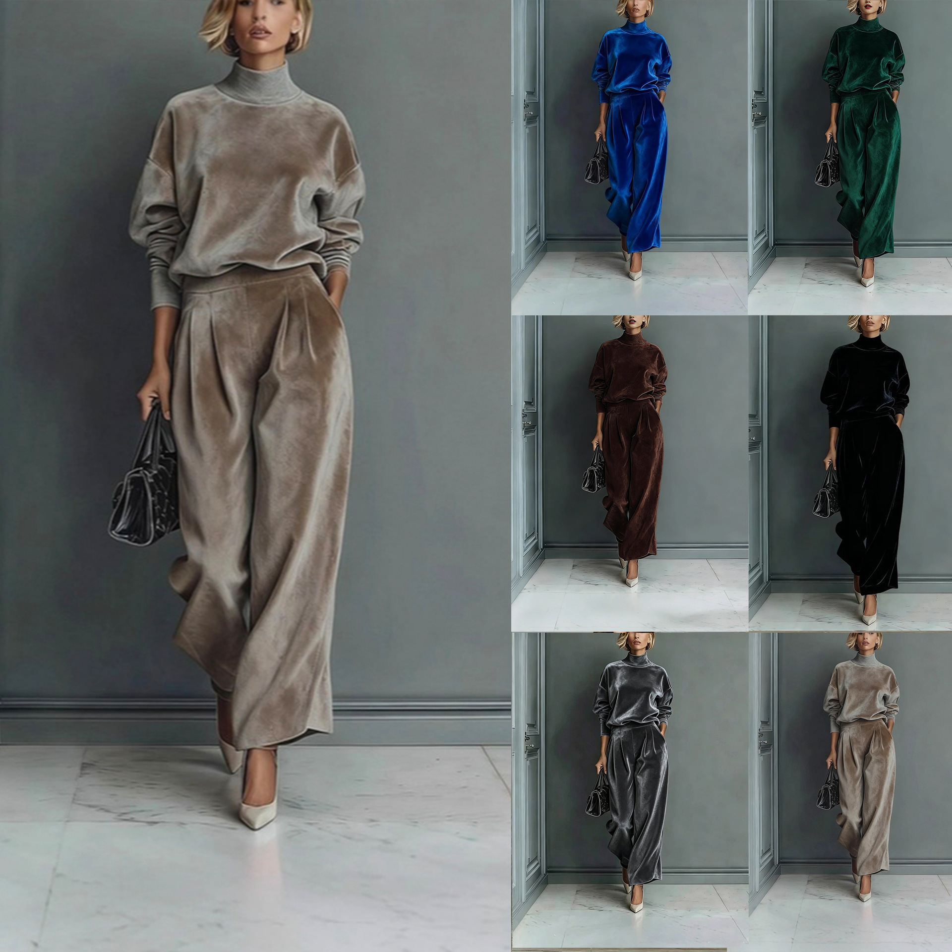Women's Velvet Two-Piece Lounge Set – Long Sleeve Turtleneck & Wide-Leg Pants