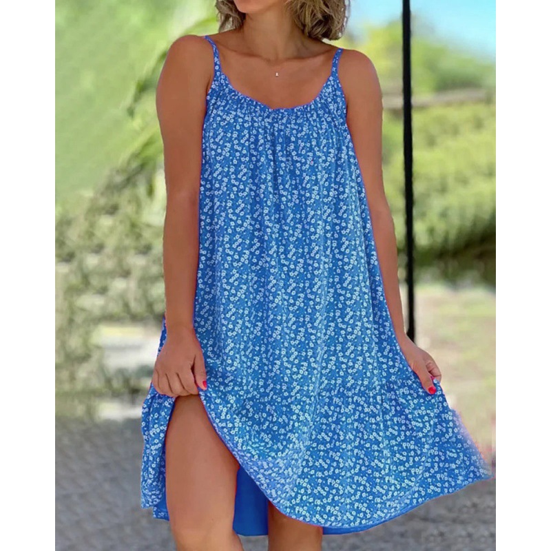 2023 New Amazon Independent Station Europe & US Cross-Border Hot-Selling Hem Pleated Floral Spaghetti Strap Loose Dress Women