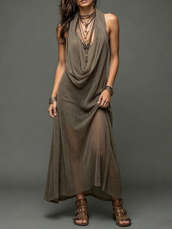 Bohemian Halter Knit Maxi Dress Two-Piece Set