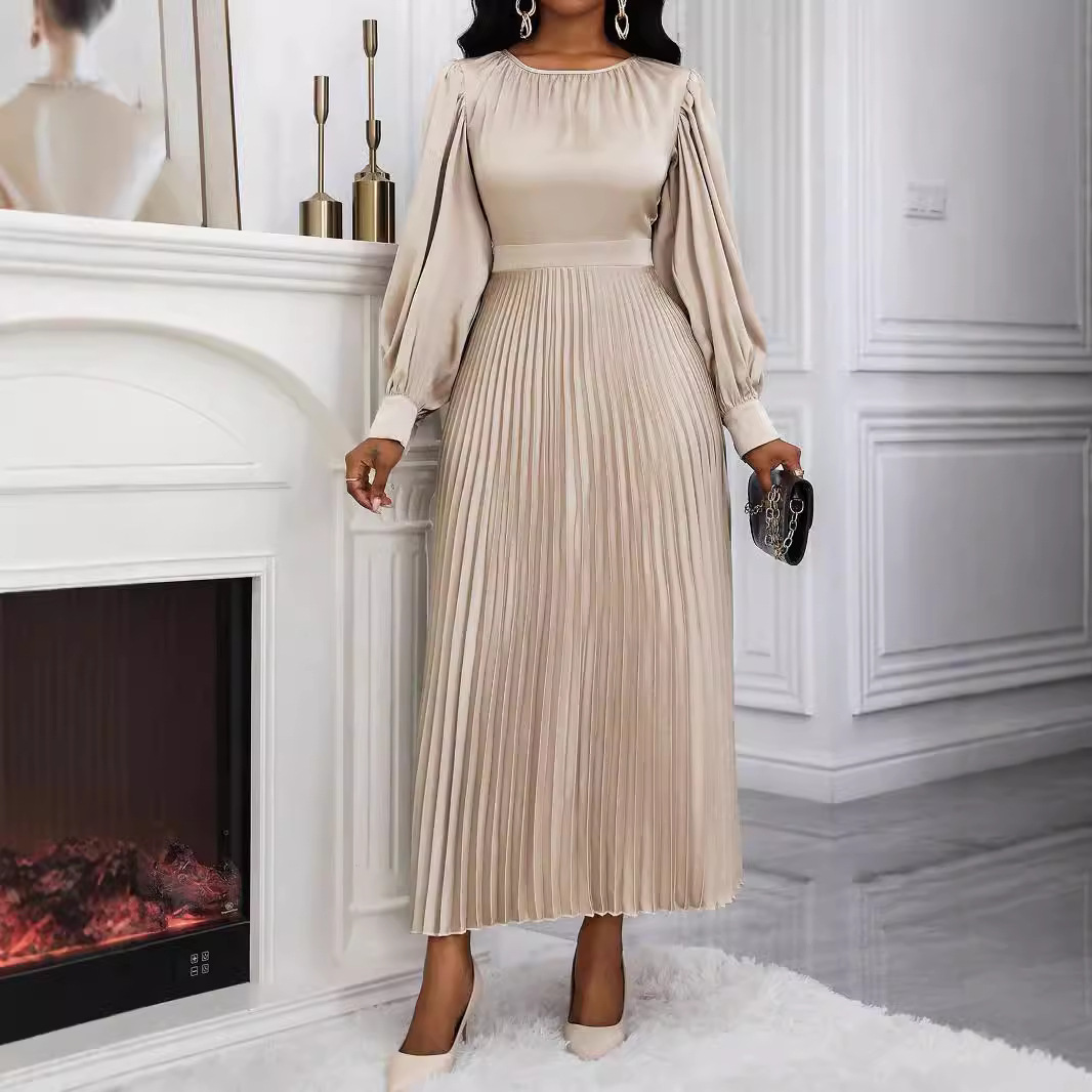 Women's Pleated Long Sleeve Loose Waist Dress
