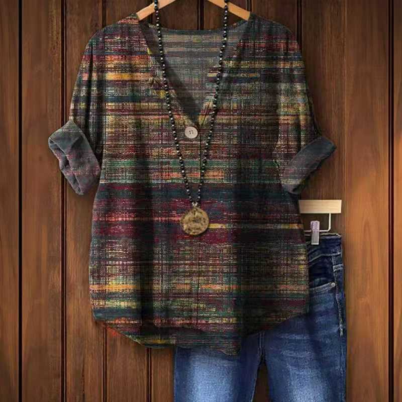 Women's Knit Long Sleeve Printed V-Neck Top