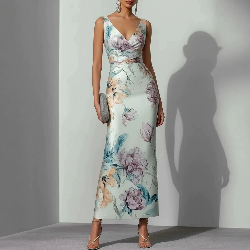 Slimming Floral Print V-Neck Midi Dress