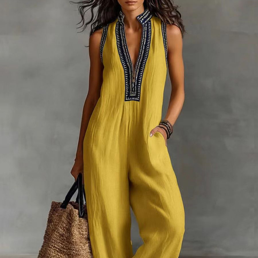 Women's Sleeveless Jumpsuit with Zip and Stand Collar