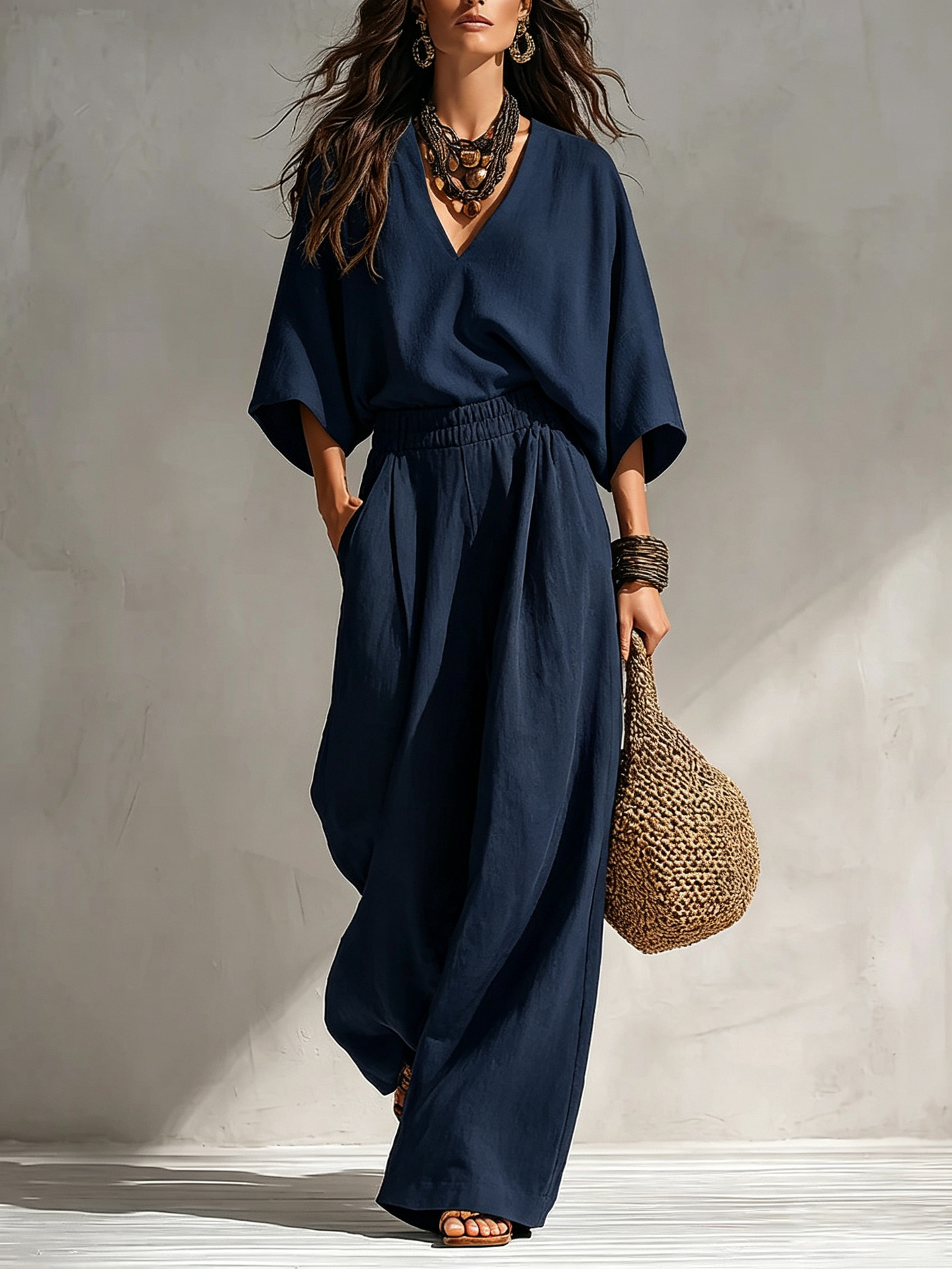 Bohemian Linen-Blend Deep V-Neck Short-Sleeve Wide-Leg Two-Piece Set