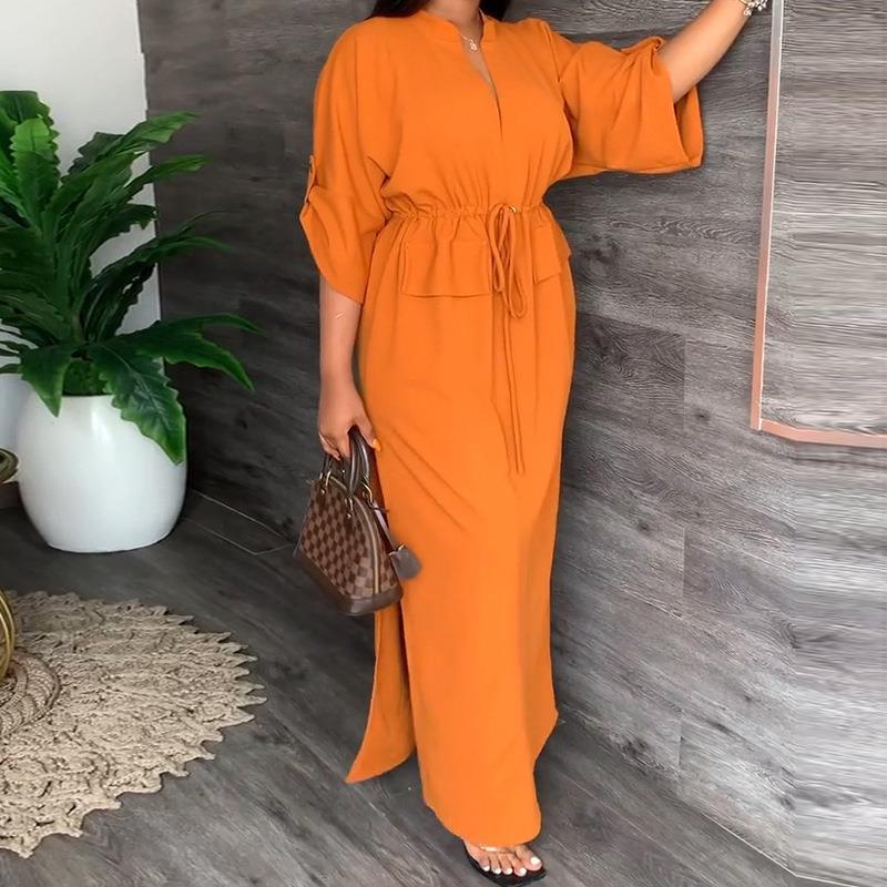 Women's Stand Collar Slit Solid Color Long Dress