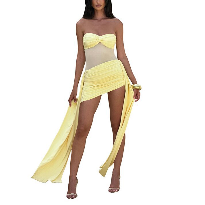Mesh Paneled Strapless Bodycon Dress with Ribbon Accent