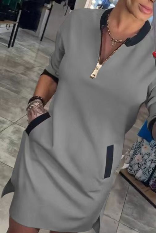 V-Neck Zip Midi A-Line Dress with Three-Quarter Sleeves