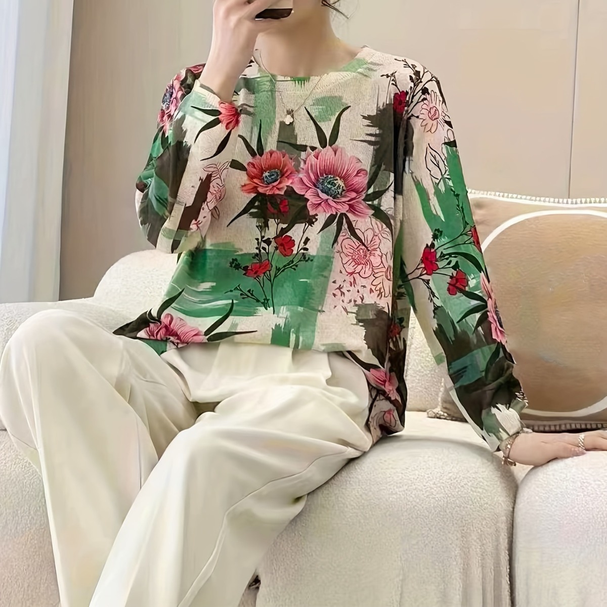 Palace Oil Painting Print Knit Pullover Sweater Long Sleeve Crew Neck Color Block Women's