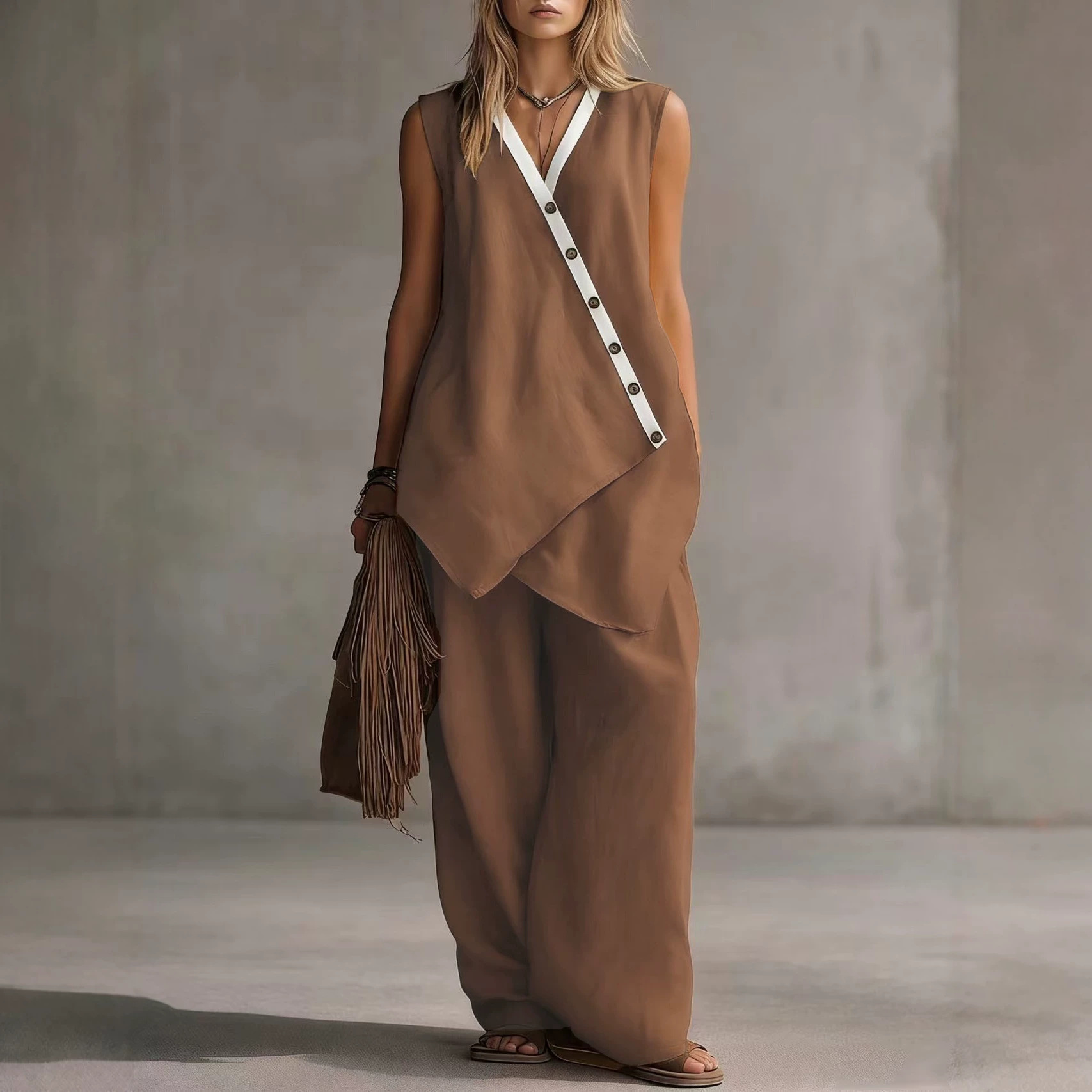 Boho V-Neck Irregular Button Wide-Leg Pants Casual Set