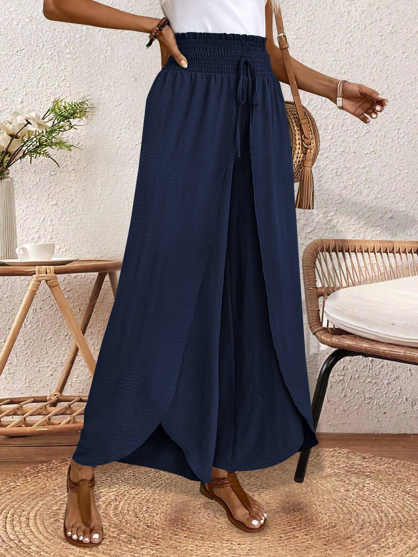Women's Loose Solid Color Elastic Waist Irregular Wide-Leg Casual Pants