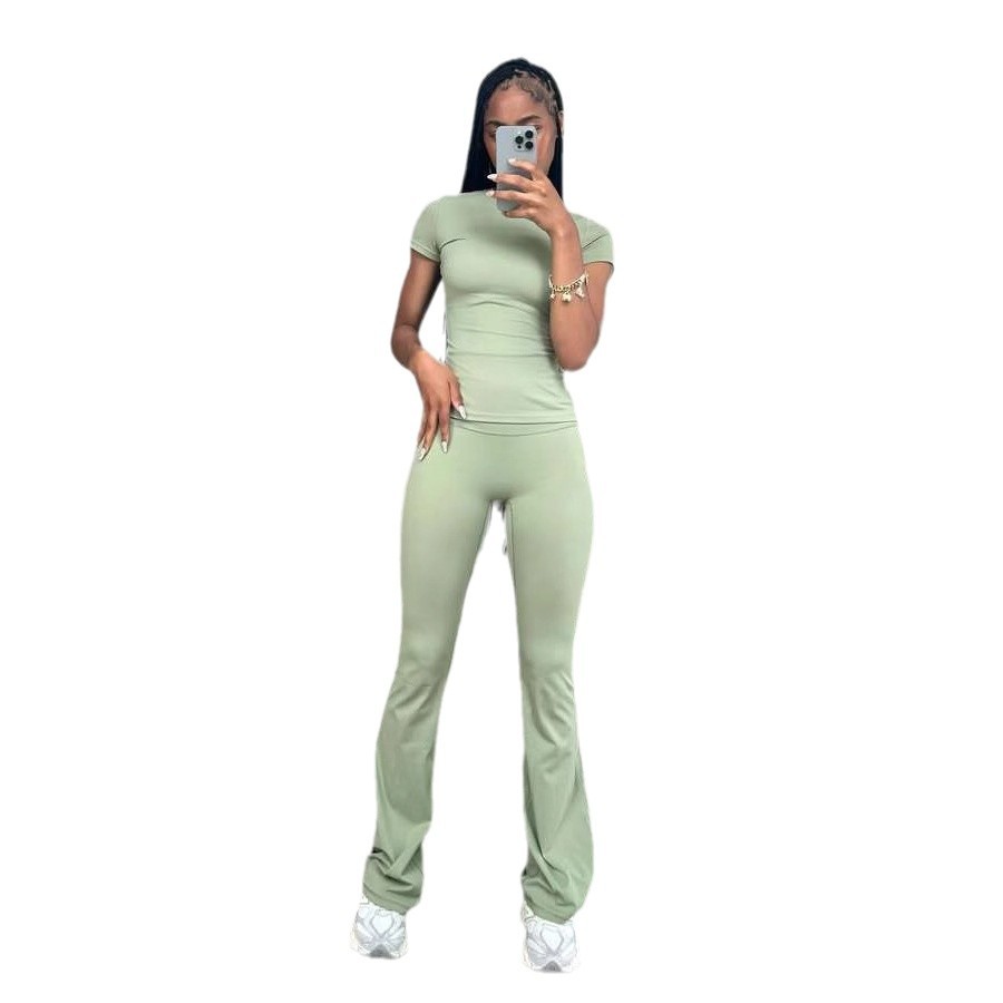 Women's Casual Solid Color Slim Fit Short Sleeve Long Pants Set