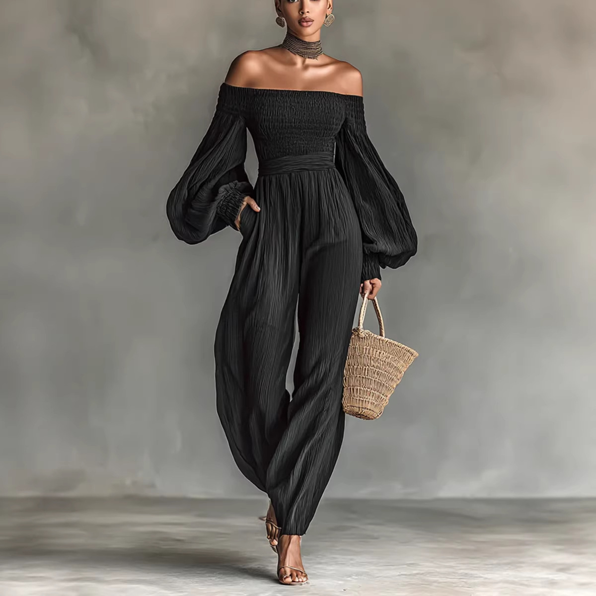 Women's Off-Shoulder Lantern Sleeve Ruched Loose Jumpsuit