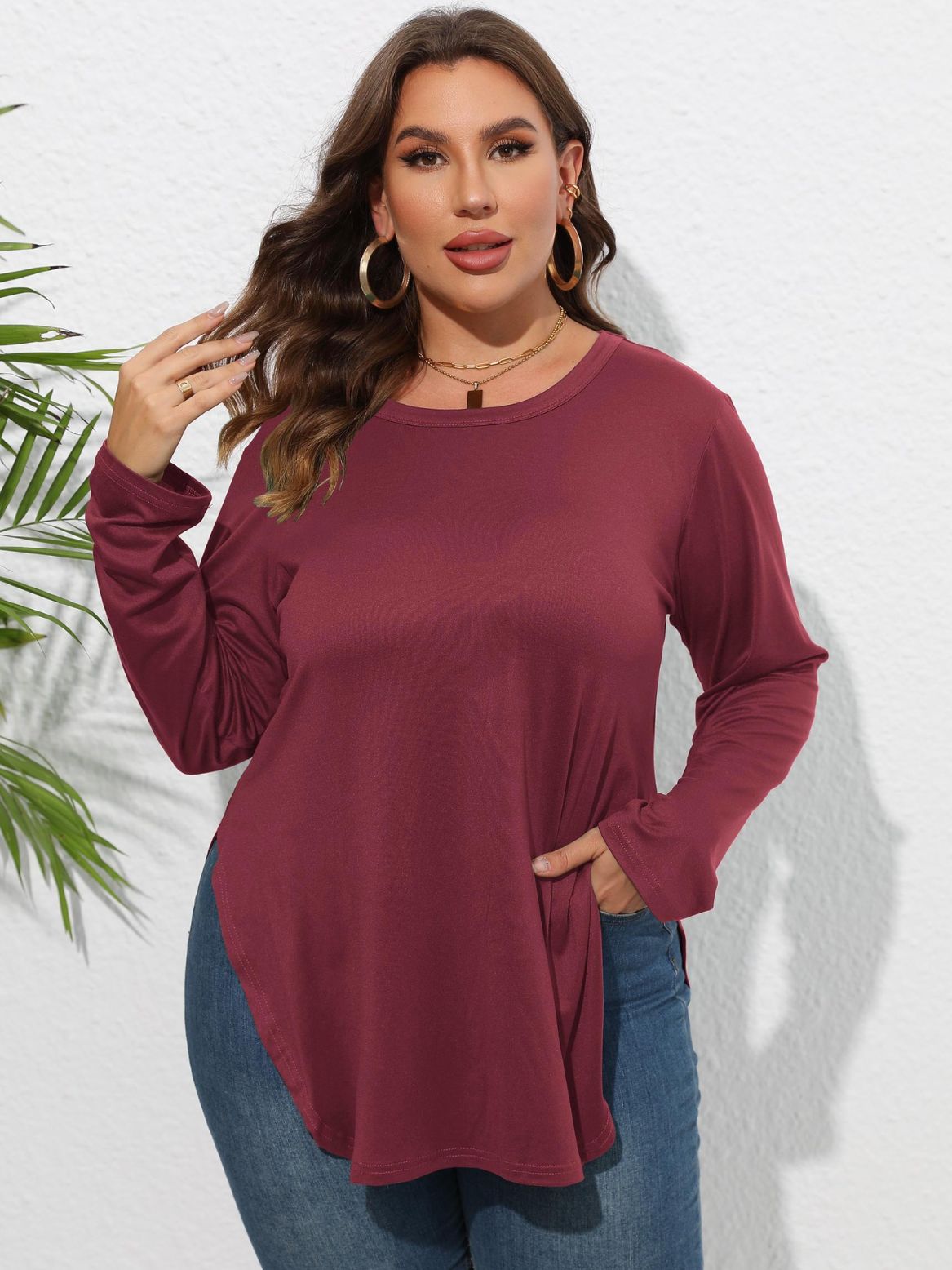 Women's Long Sleeve Solid Color Irregular Hem T-Shirt Top